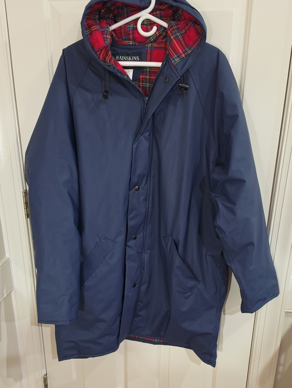Vintage Rainskins Navy Blue Hooded Rain Parka – Flannel Plaid Lined - Size L